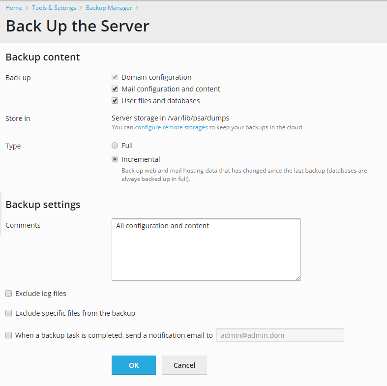 Configurazione Backup Plesk