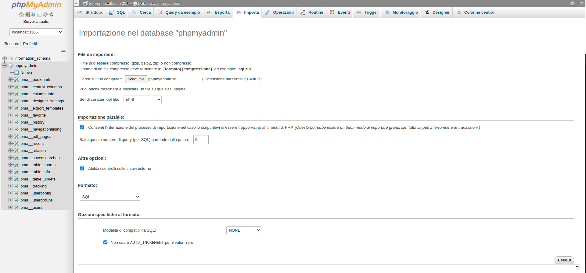 Importazione backup